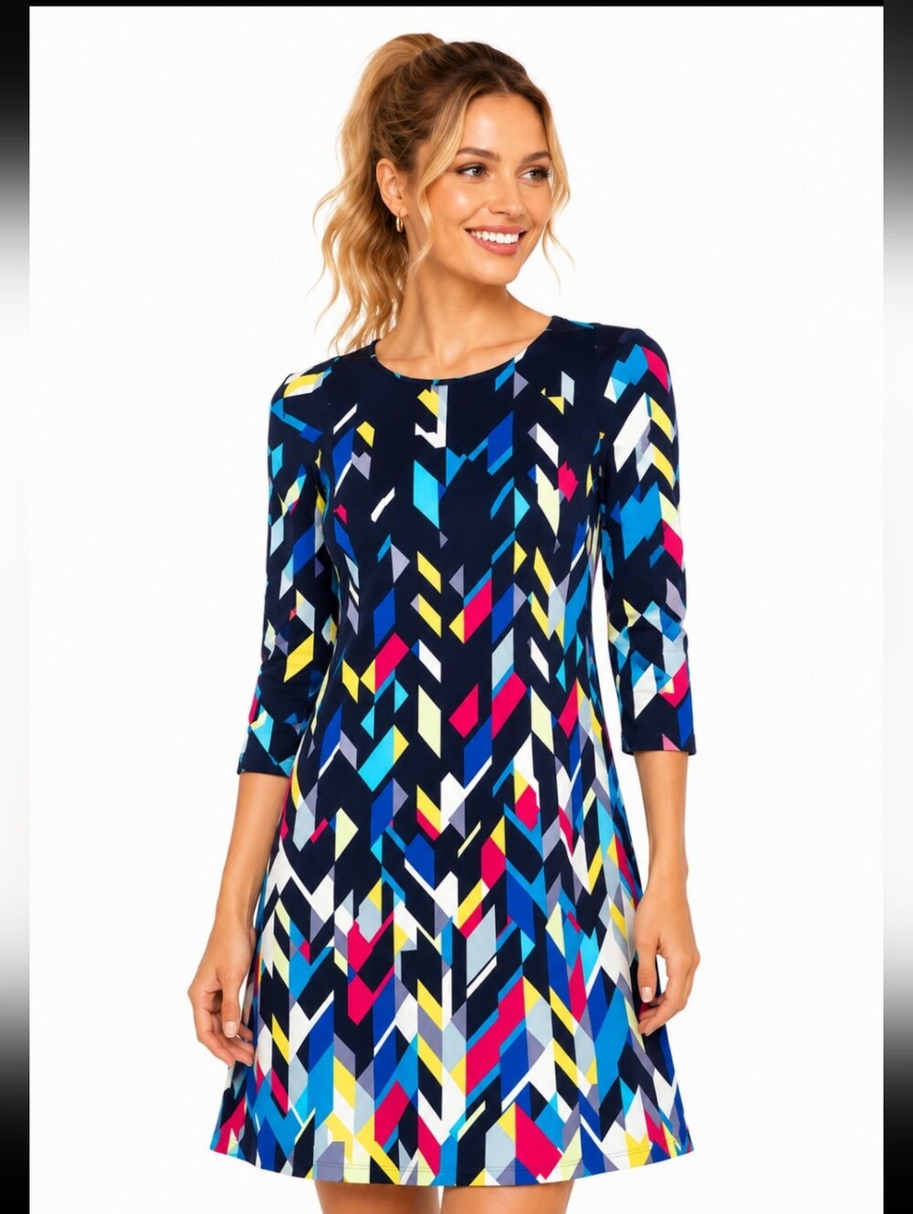 Nine West Navy Geometric Print 3/4 Length Sleeve Dress (Size 14)